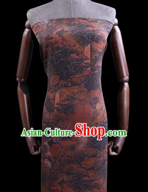 Chinese Cheongsam Classical Landscape Pattern Design Brown Watered Gauze Fabric Asian Traditional Silk Material