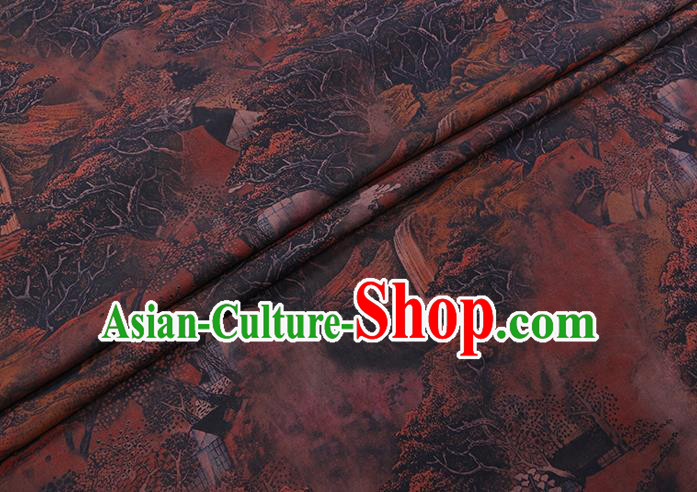 Chinese Cheongsam Classical Landscape Pattern Design Brown Watered Gauze Fabric Asian Traditional Silk Material