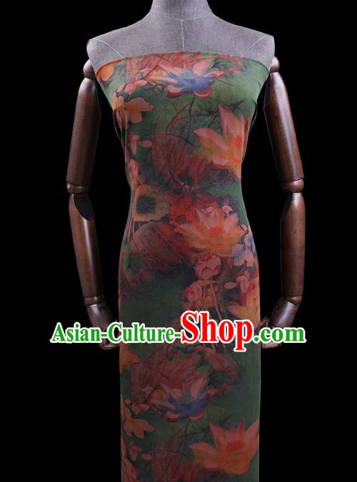 Chinese Cheongsam Classical Lotus Pattern Design Green Watered Gauze Fabric Asian Traditional Silk Material