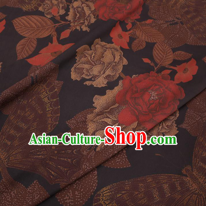 Chinese Cheongsam Classical Peony Flowers Pattern Design Black Watered Gauze Fabric Asian Traditional Silk Material