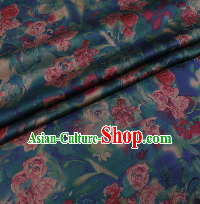 Chinese Cheongsam Classical Roses Pattern Design Blue Watered Gauze Fabric Asian Traditional Silk Material