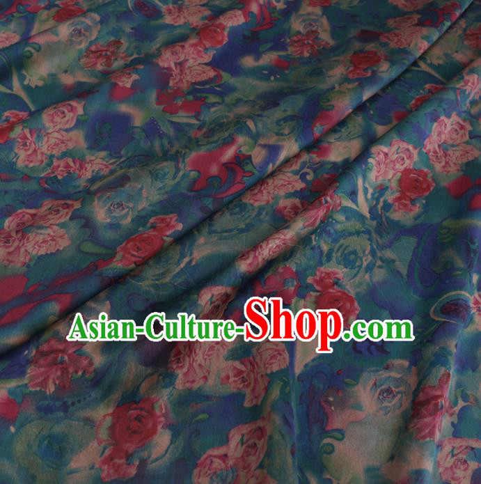 Chinese Cheongsam Classical Roses Pattern Design Blue Watered Gauze Fabric Asian Traditional Silk Material