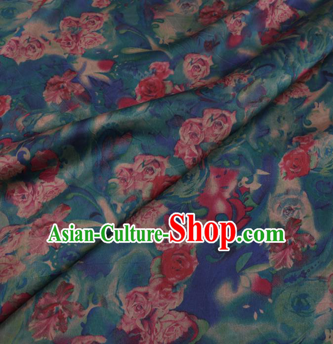 Chinese Cheongsam Classical Roses Pattern Design Blue Watered Gauze Fabric Asian Traditional Silk Material