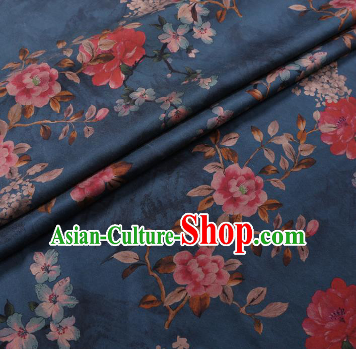 Chinese Cheongsam Classical Flowers Pattern Design Blue Watered Gauze Fabric Asian Traditional Silk Material