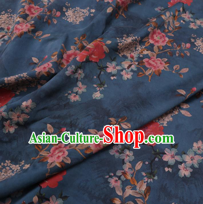 Chinese Cheongsam Classical Flowers Pattern Design Blue Watered Gauze Fabric Asian Traditional Silk Material