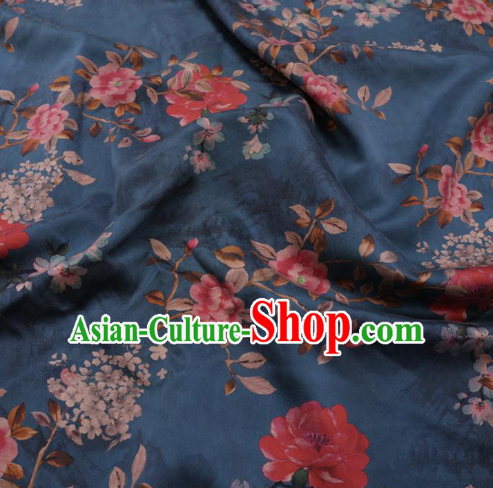 Chinese Cheongsam Classical Flowers Pattern Design Blue Watered Gauze Fabric Asian Traditional Silk Material