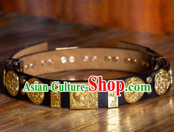 Traditional Chinese Ming Dynasty Swordsman Leather Belt Ancient Imperial Guards Waistband for Men