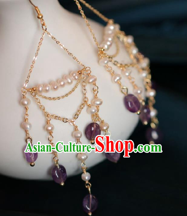 Chinese Traditional Hanfu Pearls Tassel Earrings Handmade Ear Jewelry Accessories for Women