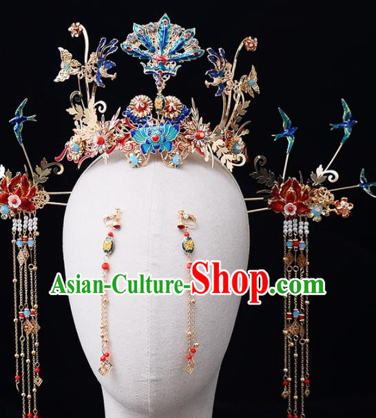 Chinese Traditional Wedding Cloisonne Phoenix Coronet Handmade Bride Hair Accessories for Women