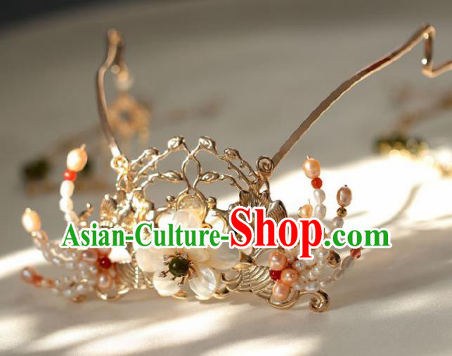 Chinese Handmade Ming Dynasty Queen Pearls Hair Crown Hairpins Ancient Hanfu Hair Accessories for Women
