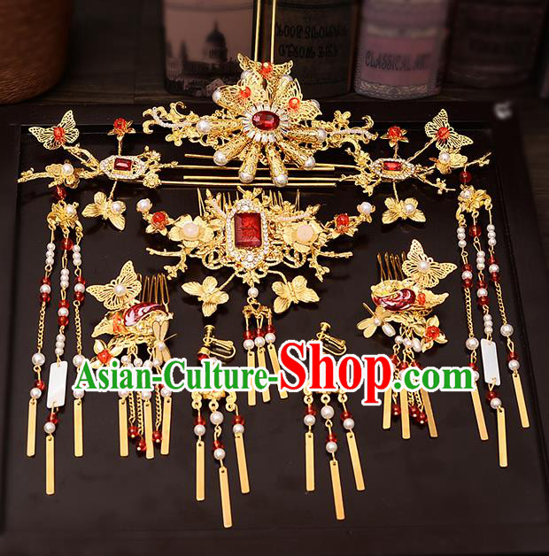 Chinese Traditional Wedding Queen Golden Hair Combs Tassel Hairpins Handmade Bride Hair Accessories for Women