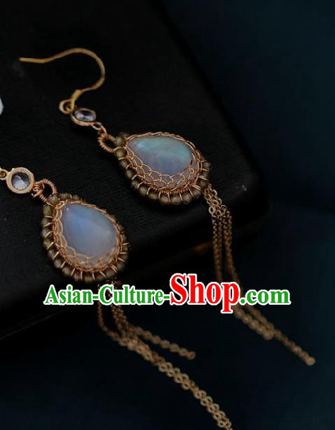 Chinese Traditional Hanfu Moonstone Tassel Earrings Handmade Ear Jewelry Accessories for Women