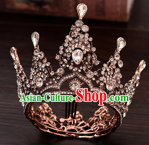 Top Handmade Baroque Princess Crystal Round Royal Crown Wedding Bride Hair Accessories for Women