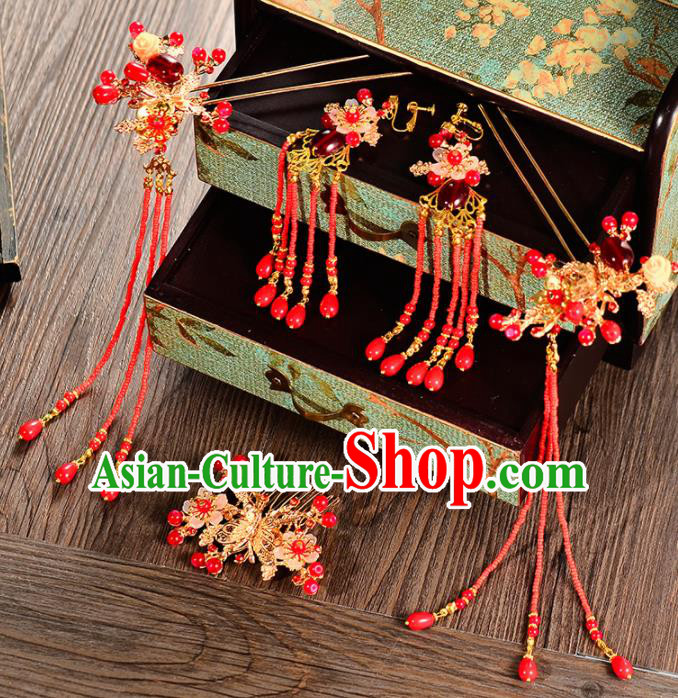 Chinese Traditional Wedding Red Beads Tassel Hair Comb Hairpins Handmade Bride Hair Accessories for Women