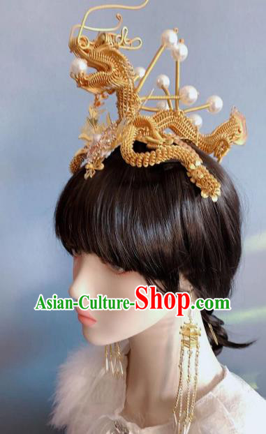 Chinese Handmade Classical Golden Dragon Hair Crown Ancient Empress Hanfu Hair Accessories for Women