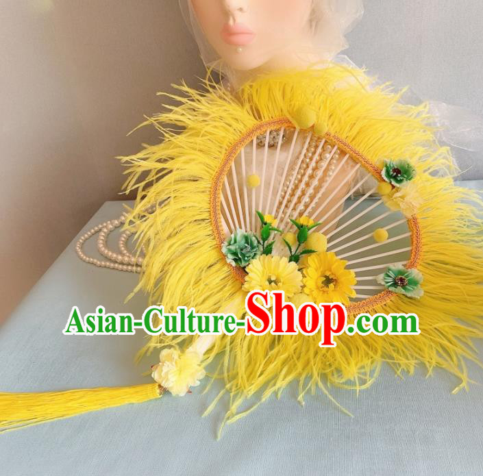 Chinese Traditional Yellow Palace Fans Handmade Ancient Princess Feather Round Fan for Women