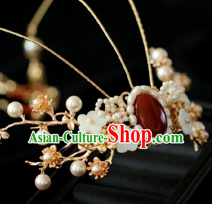 Chinese Handmade Ming Dynasty Princess Pearls Hair Crown Hairpins Ancient Hanfu Hair Accessories for Women