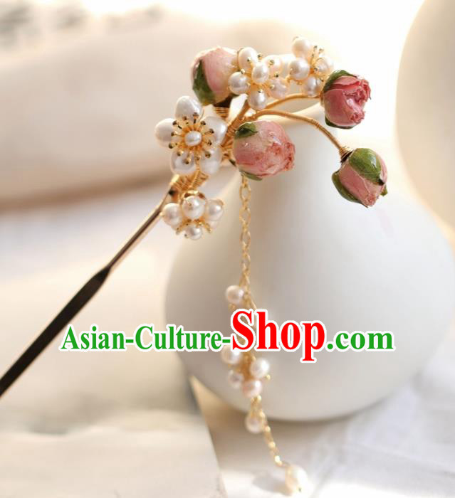 Chinese Handmade Ming Dynasty Princess Pink Flower Pearls Hairpins Ancient Hanfu Hair Accessories for Women