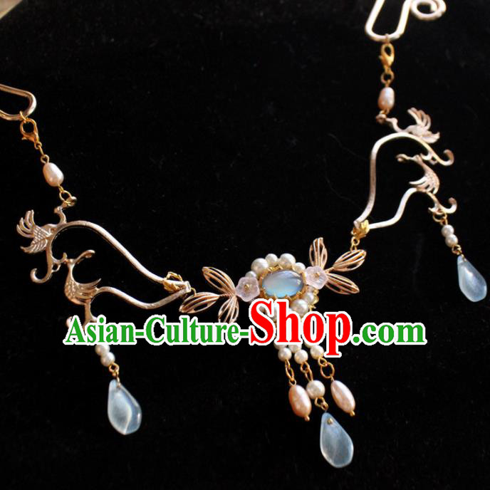 Chinese Traditional Hanfu Golden Crane Necklace Handmade Ancient Princess Necklet Accessories for Women