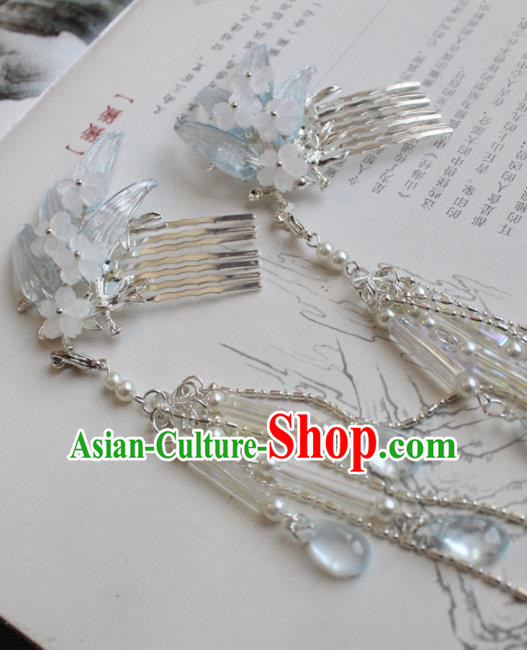 Chinese Handmade Ming Dynasty Princess Blue Bamboo Hair Comb Hairpins Ancient Hanfu Hair Accessories for Women