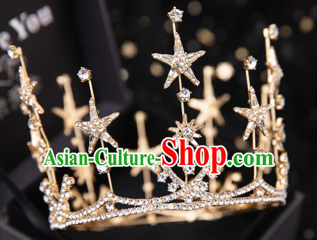 Top Handmade Wedding Bride Crystal Star Round Golden Royal Crown Baroque Princess Hair Accessories for Women