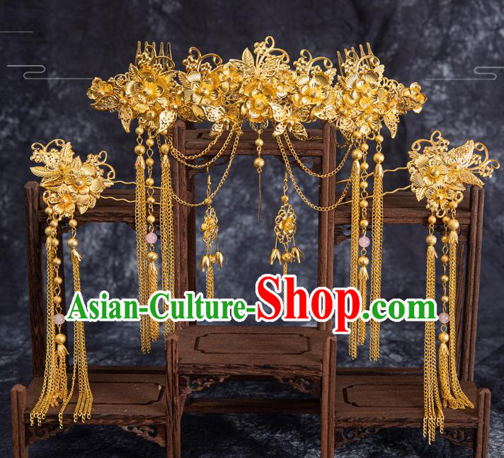 Traditional Chinese Handmade Hairpins Golden Hair Comb Ancient Bride Hair Accessories for Women
