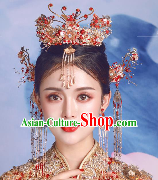 Traditional Chinese Wedding Red Phoenix Coronet Hairpins Handmade Ancient Bride Hair Accessories for Women