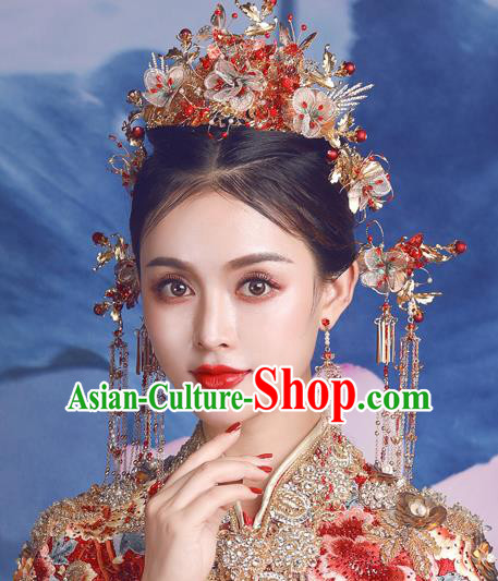Traditional Chinese Wedding Silk Plum Phoenix Coronet Hairpins Handmade Ancient Bride Hair Accessories for Women