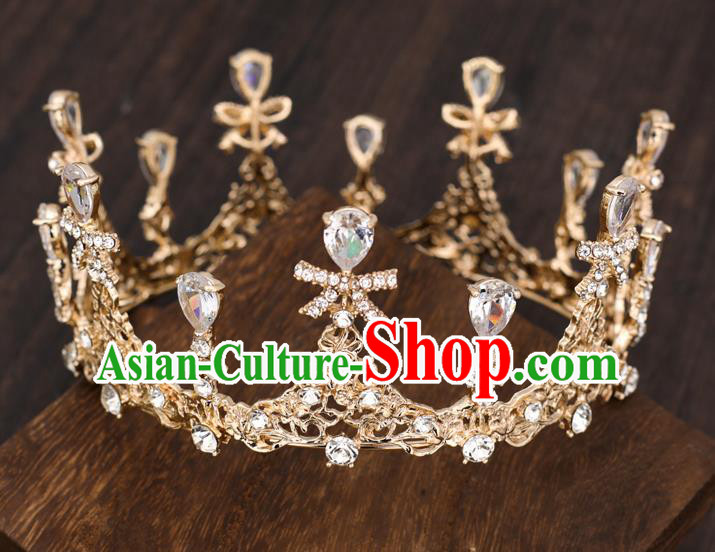 Top Handmade Wedding Bride Crystal Bowknot Golden Royal Crown Baroque Princess Hair Accessories for Women