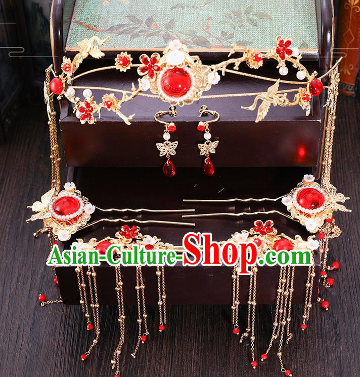 Traditional Chinese Wedding Red Crystal Hair Clasp Hairpins Handmade Ancient Bride Hair Accessories for Women