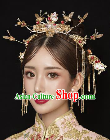 Traditional Chinese Wedding Crystal Butterfly Hair Comb Tassel Hairpins Handmade Ancient Bride Hair Accessories for Women