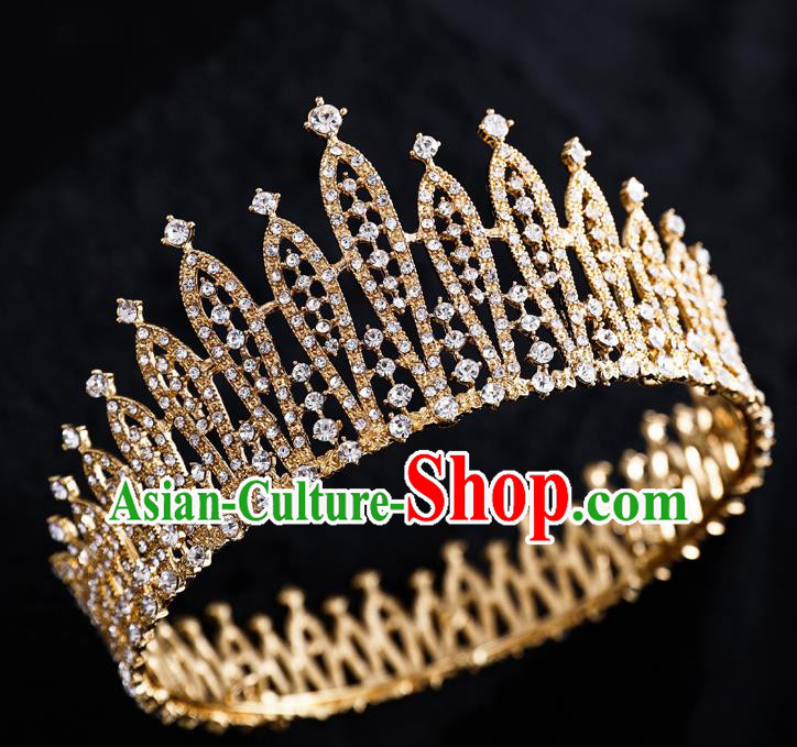 Top Handmade Wedding Bride Crystal Golden Round Royal Crown Baroque Princess Hair Accessories for Women