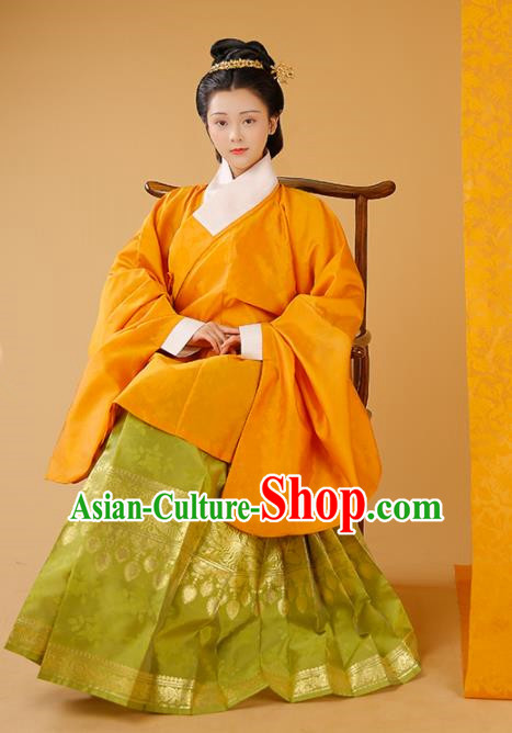 Traditional Chinese Court Orange Blouse and Skirt Ancient Ming Dynasty Countess Historical Costumes for Women