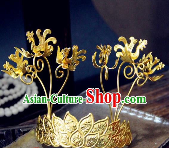 Chinese Traditional Tang Dynasty Princess Carving Phoenix Hair Crown Hairpins Handmade Ancient Royal Empress Hair Accessories for Women