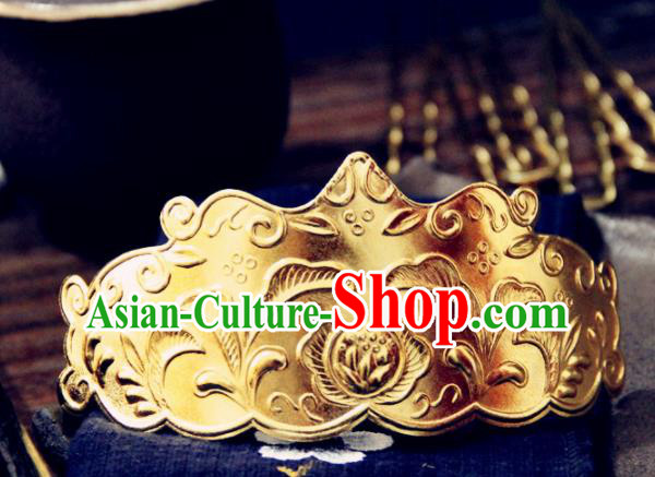 Chinese Traditional Ming Dynasty Princess Golden Hair Crown Hairpins Handmade Ancient Royal Empress Hair Accessories for Women