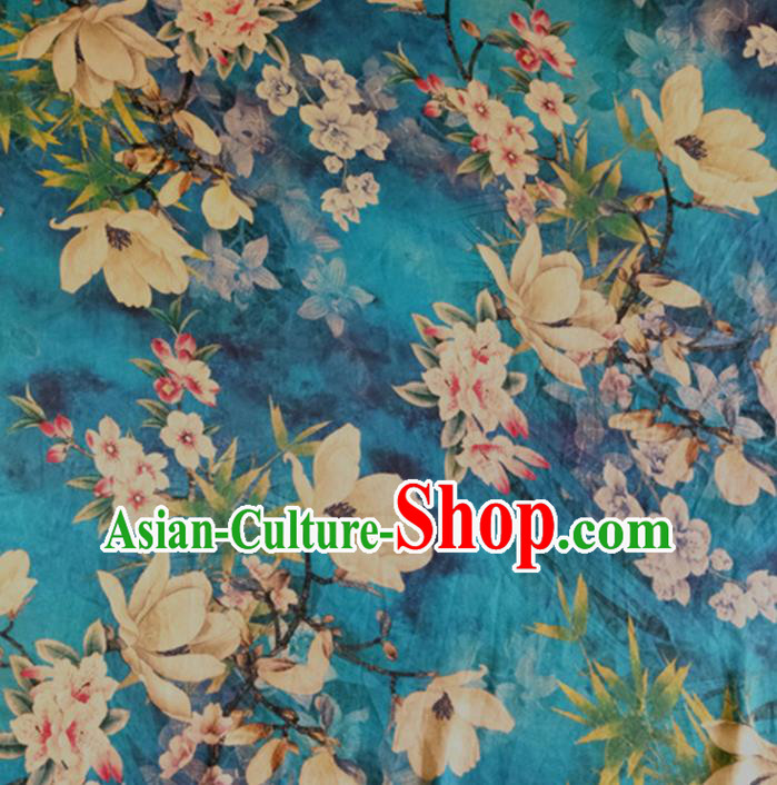 Chinese Traditional Yulan Magnolia Pattern Blue Silk Fabric Mulberry Silk Fabric Hanfu Dress Material