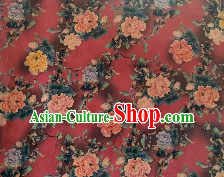 Chinese Traditional Peony Flowers Pattern Red Silk Fabric Mulberry Silk Fabric Hanfu Dress Material