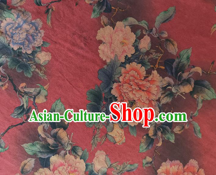 Chinese Traditional Peony Flowers Pattern Red Silk Fabric Mulberry Silk Fabric Hanfu Dress Material