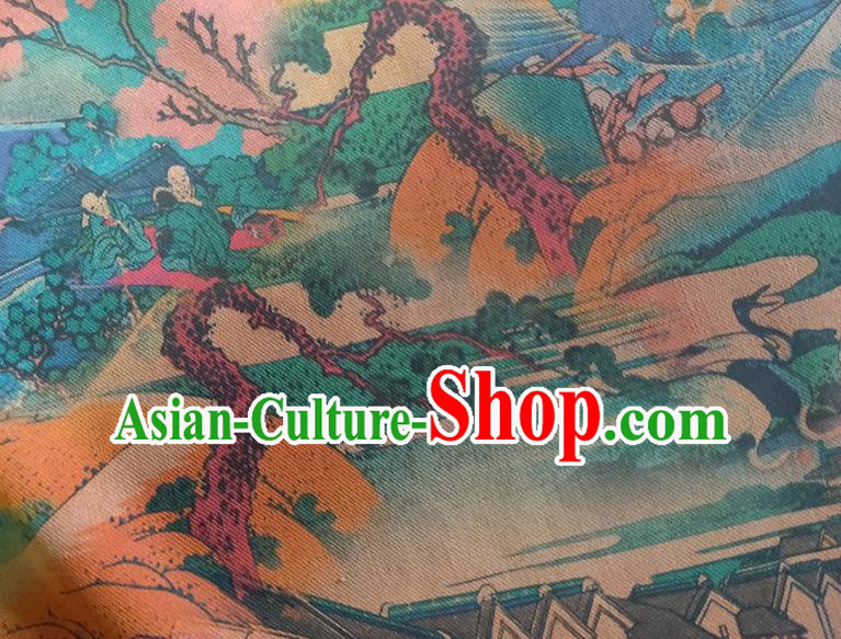 Chinese Traditional View Pattern Blue Silk Fabric Mulberry Silk Fabric Hanfu Dress Material