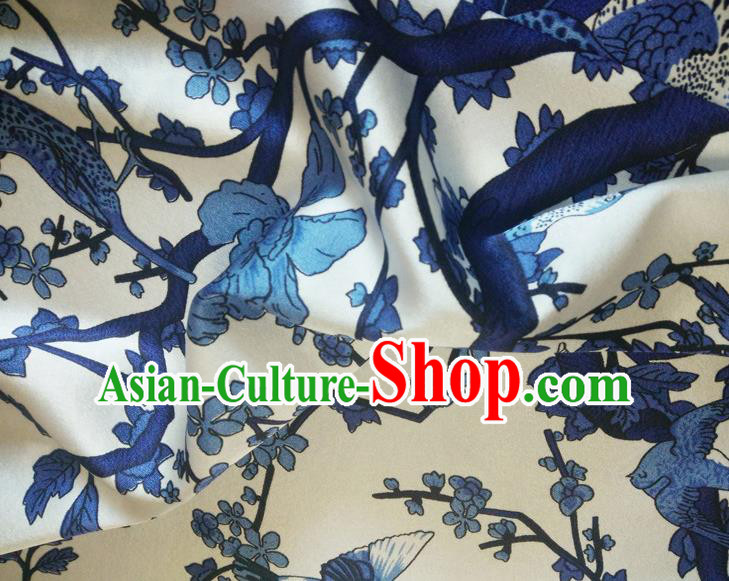 Chinese Traditional Blue Flowers Pattern Silk Fabric Mulberry Silk Fabric Hanfu Dress Material