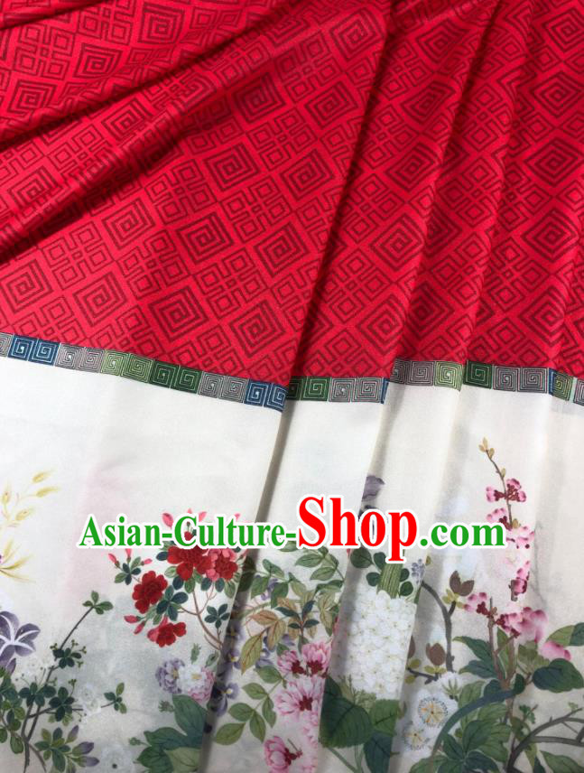 Chinese Traditional Flower Bird Pattern Red Hanfu Fabric Flax Fabric Hanfu Dress Material