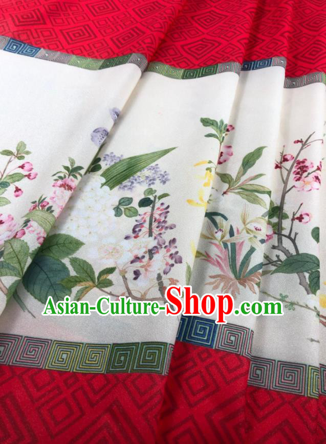 Chinese Traditional Flower Bird Pattern Red Hanfu Fabric Flax Fabric Hanfu Dress Material