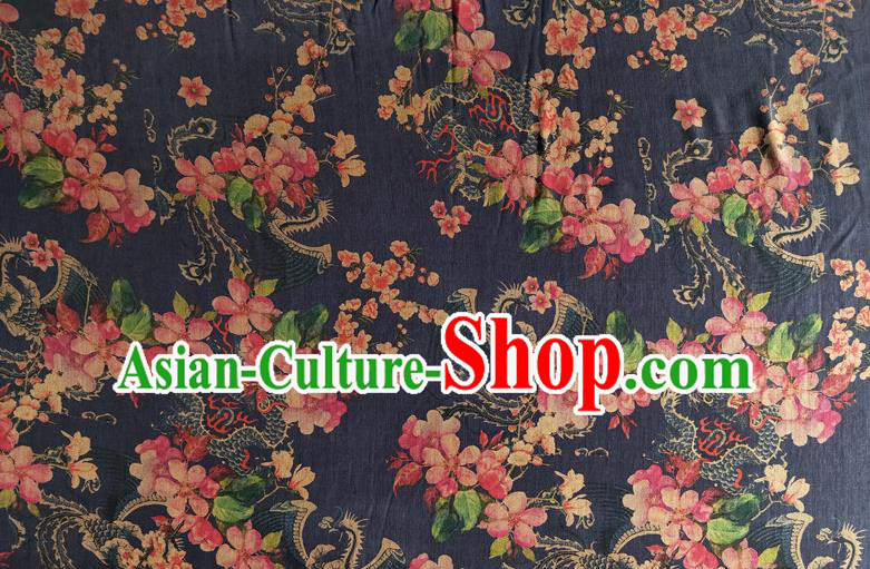 Chinese Traditional Dragon Phoenix Pattern Navy Silk Fabric Mulberry Silk Fabric Hanfu Dress Material