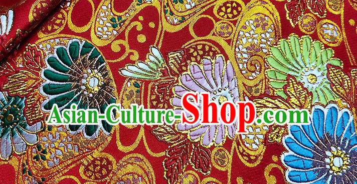 Japanese Traditional Sunflowers Pattern Kimono Red Brocade Fabric Tapestry Satin Fabric Nishijin Material