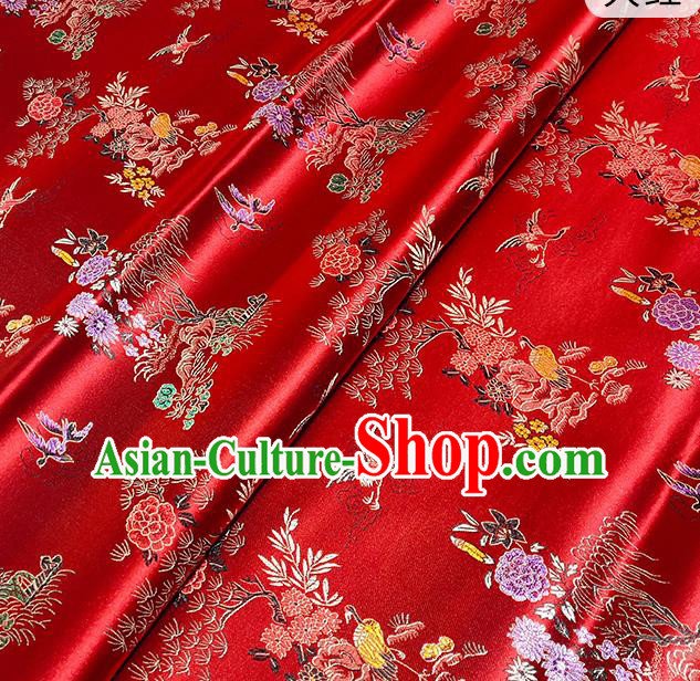 Chinese Traditional Pine Crane Pattern Red Brocade Fabric Silk Satin Fabric Hanfu Material
