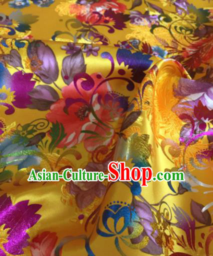 Chinese Traditional Peony Flowers Pattern Yellow Brocade Fabric Silk Satin Fabric Hanfu Material