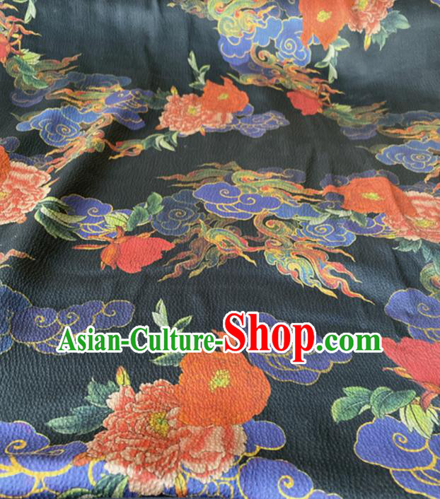 Chinese Traditional Cloud Peony Pattern Black Silk Fabric Hanfu Gambiered Guangdong Gauze Material