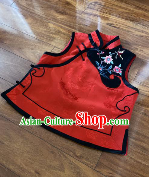 Chinese Traditional Embroidered Red Silk Vest Tang Suit Waistcoat for Women