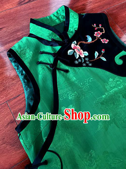 Chinese Traditional Embroidered Green Silk Vest Tang Suit Waistcoat for Women
