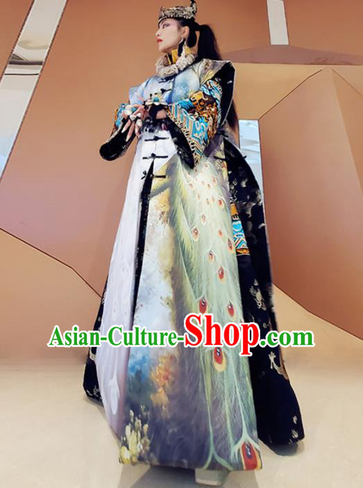 Chinese Traditional National Printing Peacock Dress Tang Suit Cloak for Women